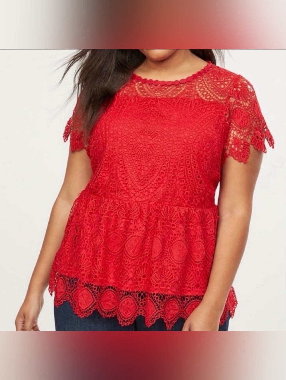 LANE BRYANT Red Lace Scalloped Peplum Blouse